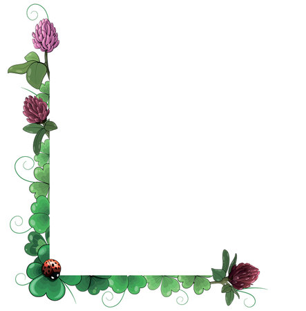 Vector corner frame of shamrocks, clover flowers and ladybirds. Patrick's Day border has a place for textのイラスト素材
