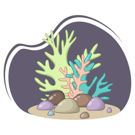 Vector composition of green, blue and orange corals in pastel colors and stones on a dark background.のイラスト素材
