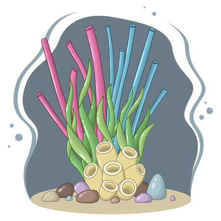 Vector composition of tubular algae, yellow corals, green sea foliage and stones on a dark backgroundのイラスト素材