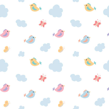 Vector seamless children's pattern of multicolored cute cartoon birds, butterflies and clouds on a transparent background.のイラスト素材