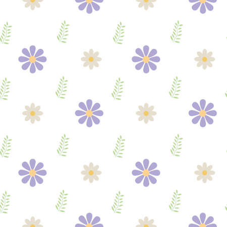 Vector seamless floral pattern of daisies. White and purple flowers with green leaves on a transparent background.のイラスト素材
