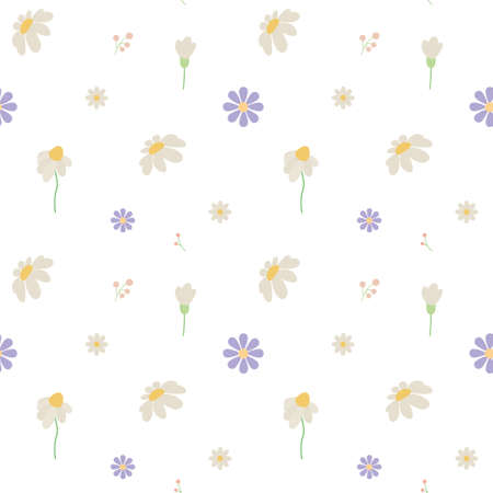 Vector seamless floral pattern of white daisies and purple flowers on a transparent background. Delicate digital paper.のイラスト素材