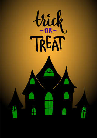Halloween poster A0 format hand lettered inscription Trick or Treat with silhouette house on a gradient yellow black background. October party lettering for invitations, cards, postcards.のイラスト素材