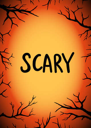 Halloween poster A0 format with hand lettered inscription "Scary" with silhouette branches on a gradient red and yellow backgroundのイラスト素材