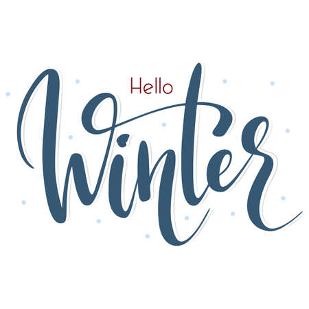 Hello Winter vector hand lettering inscription phrase with snow elements. Celebration greeting card, calligraphy illustration. Inspirational winter quote.のイラスト素材