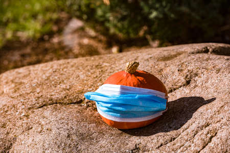 The image of a Hokkaido pumpkin with a disposable mask shows an exaggeration in the fight against the corona virusの写真素材