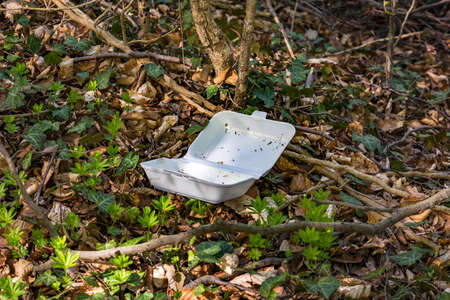 A menu tray for take-away dishes was disposed of in natureの写真素材