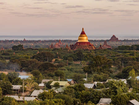 Panorama of the Dhammayazika Pagoda in Bagan as the hot air balloon passes by