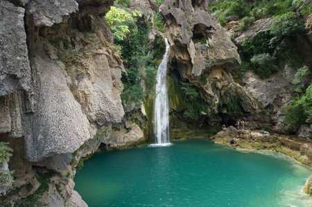 view of the source of the river Borosa in the Natural Park of the Sierras de Cazorla, Segura and las Villas, Andalucia, Spain. Route in a sunny dayの写真素材