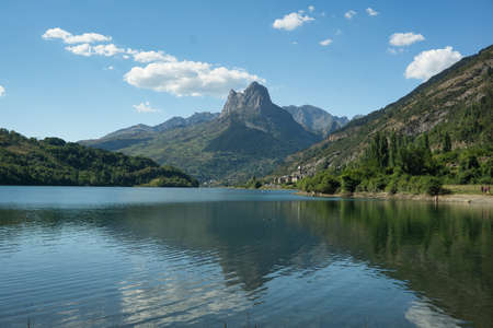 view of the Lanuza reservoir located in the Aragonese Pyrenees in the province of Huesca, Spain, in a sunny dayの写真素材