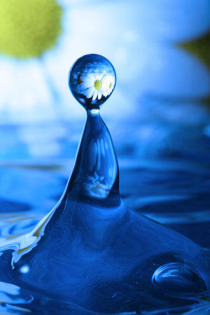 Blue drop with reflection of flowersの写真素材