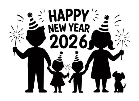 Happy new year 2016 greeting card with silhouettes of people and kidsのイラスト素材