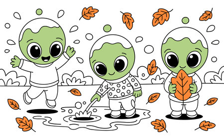 Children playing in a puddle with autumn leaves, vector illustration.
