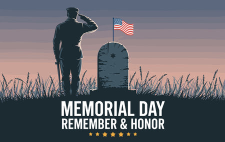 Memorial Day background with soldier and grave. Vector illustration in retro styleのイラスト素材