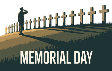 Memorial Day background with a silhouette of a man standing in front of a cemeteryのイラスト素材