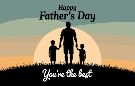 Happy Father's Day greeting card with dad and children silhouettes.のイラスト素材