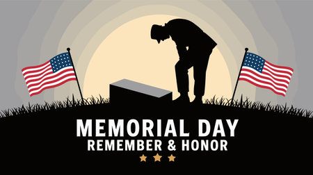 Memorial Day. Vector illustration of a silhouette of a man standing in front of a grave.のイラスト素材