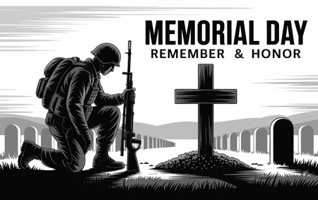 Memorial Day poster with soldier and cross. Vector illustration in retro styleのイラスト素材