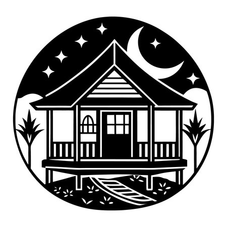 bungalow with crescent moon and stairs vector illustration designのイラスト素材
