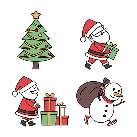 Christmas and New Year vector illustration. Santa Claus, snowman, Christmas tree, gift boxes.のイラスト素材
