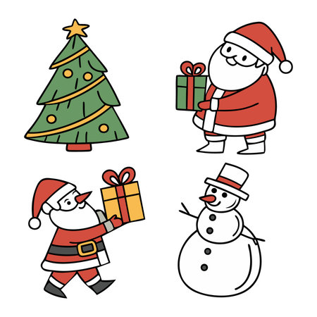 Santa Claus and snowman with Christmas tree. Vector illustration set.のイラスト素材