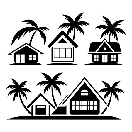 Set of vector silhouettes of houses and palm trees isolated on white backgroundのイラスト素材