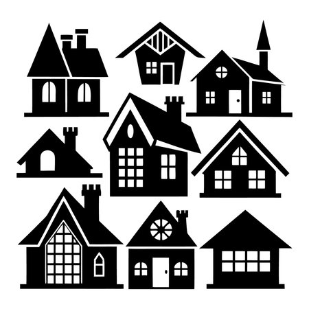 Set of different houses. Black silhouettes on white background. Vector illustration.のイラスト素材