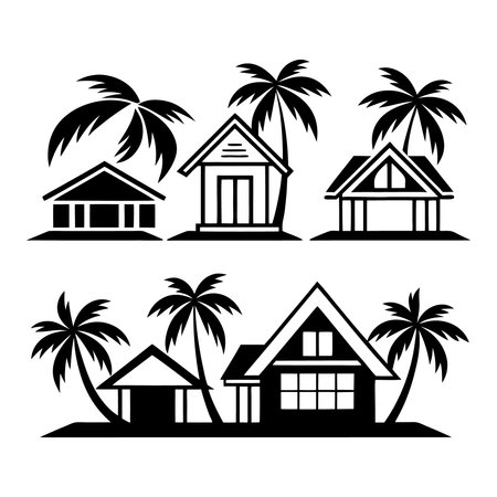 bungalows and palm trees over white background. vector illustrationのイラスト素材