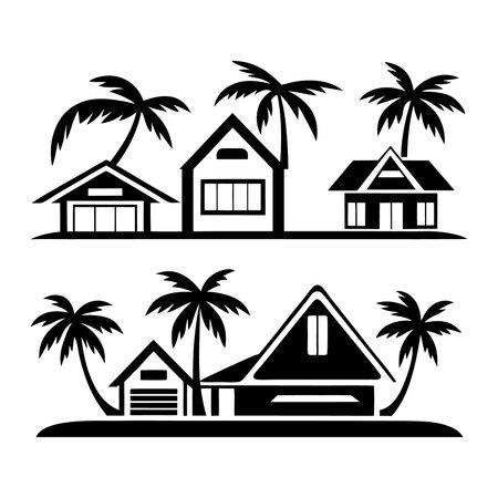 Set of black silhouettes of houses and palm trees on a white backgroundのイラスト素材