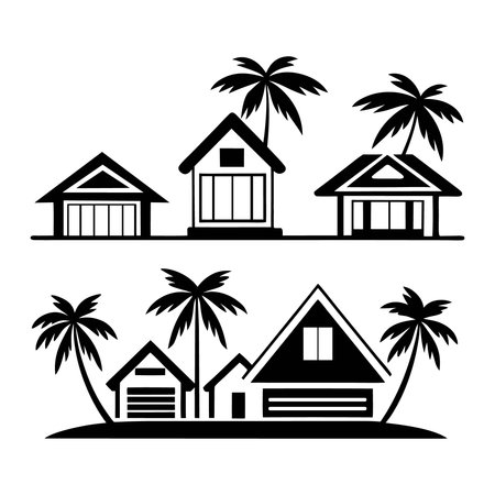 Vector illustration of a beach with palm trees and bungalows.のイラスト素材