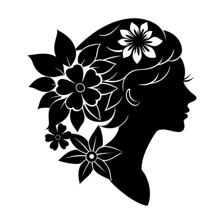 Silhouette of a beautiful woman with flowers in her hair.のイラスト素材