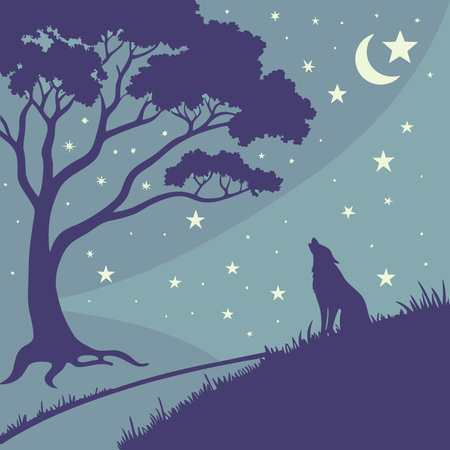 Wolf in the forest at night with moon and stars. Vector illustration.のイラスト素材