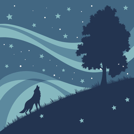 Vector illustration of a night landscape with a silhouette of a wolf.のイラスト素材