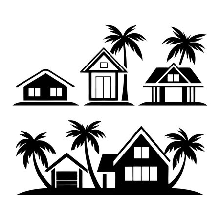 Set of houses with palm trees on the island, vector illustration.のイラスト素材