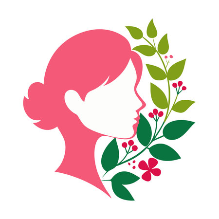 girl face with flowers and leaves icon image vector illustration design pink colorのイラスト素材