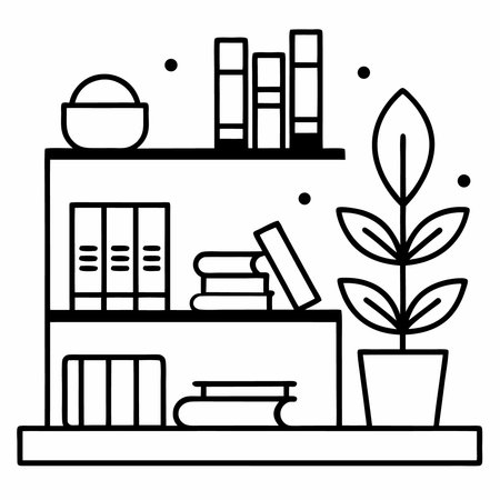 Bookshelf with books and plant vector illustration graphic design in black and whiteのイラスト素材