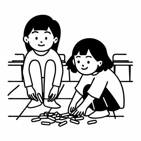 Boy and girl playing with chalks. Vector illustration of a boy and girl playing with chalks.のイラスト素材