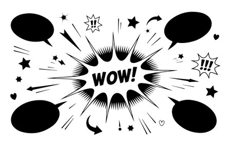 Comic speech bubbles with wow text. Black and white vector illustration.