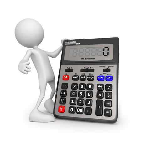 Calculator. Small unrecognizable people on 3D high quality render. Image isolated on white background.の写真素材