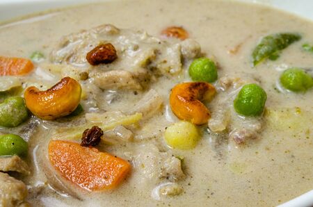 Extreme Closeup of Chicken Stew Curry garnished with roasted cashew and raisinsの写真素材