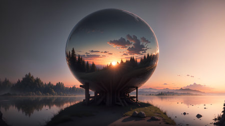 3d rendering of a crystal ball with a beautiful sunset in the backgroundの素材