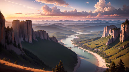 Beautiful summer landscape with mountains and river. Colorful sunset.の素材