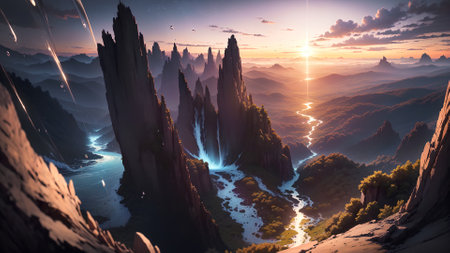 Fantasy alien planet. Mountain and river. 3D illustration.の素材