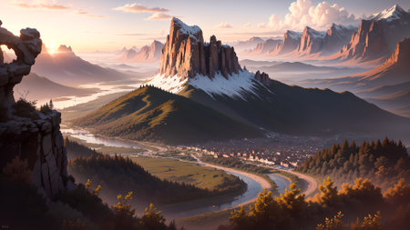Fantasy landscape with mountains and river at sunrise. 3d illustrationの素材