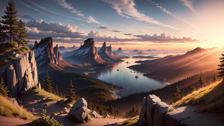 Fantastic panoramic view of the lake. Dramatic and picturesque scene. Location place Olkhon island, Siberia, Russia, Europe. Artistic style post processed photo. Beauty world.の素材