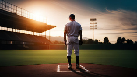 Baseball player in action on the field at sunset. Baseball gameの素材