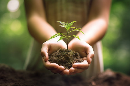 Hands holding young seedling with soil on nature background, Save earth conceptの素材