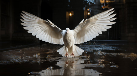 White dove flying in the night city. Pigeon in the city.の素材