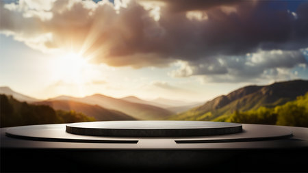 Empty top of table or counter in front of beautiful mountain landscape at sunsetの素材