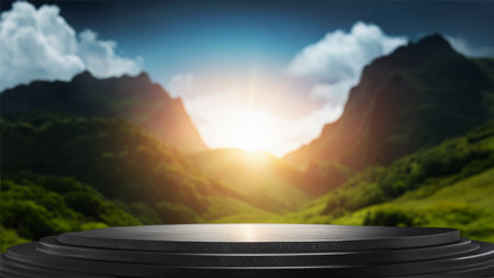 Empty black platform on green mountain background, product display mockup, 3d renderの素材